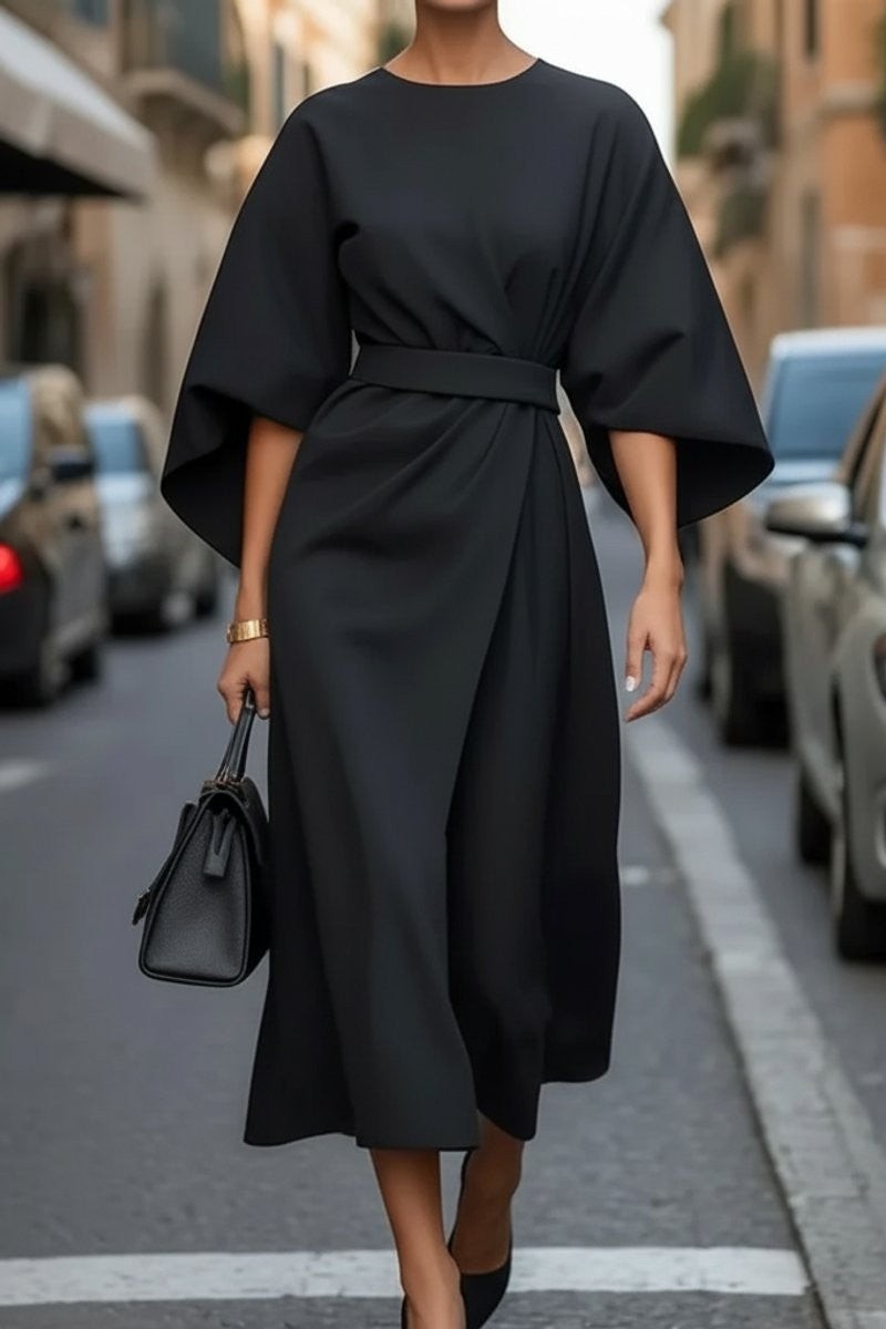Women's Draped Cape-Sleeve Belted Autumn Wedding Guest Midi Dress – Black