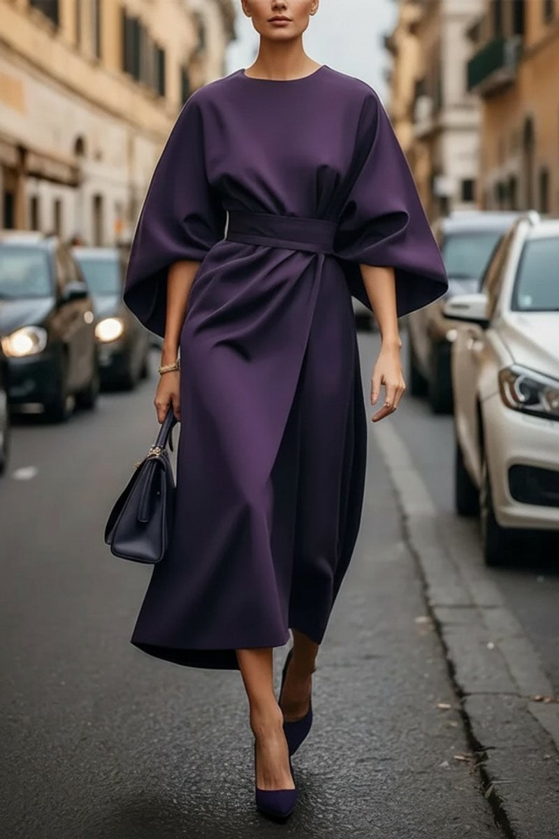 Women's Draped Cape-Sleeve Belted Autumn Wedding Guest Midi Dress