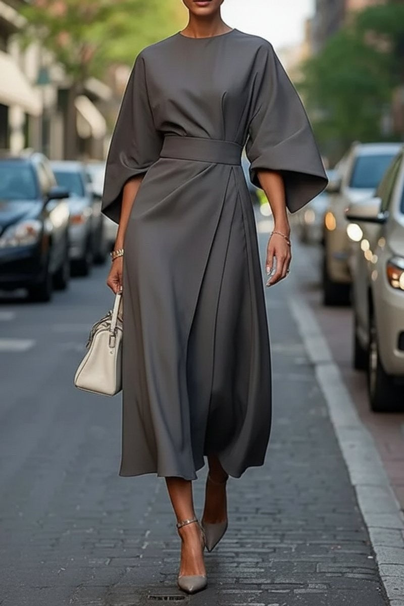 Women's Draped Cape-Sleeve Belted Autumn Wedding Guest Midi Dress – Grey