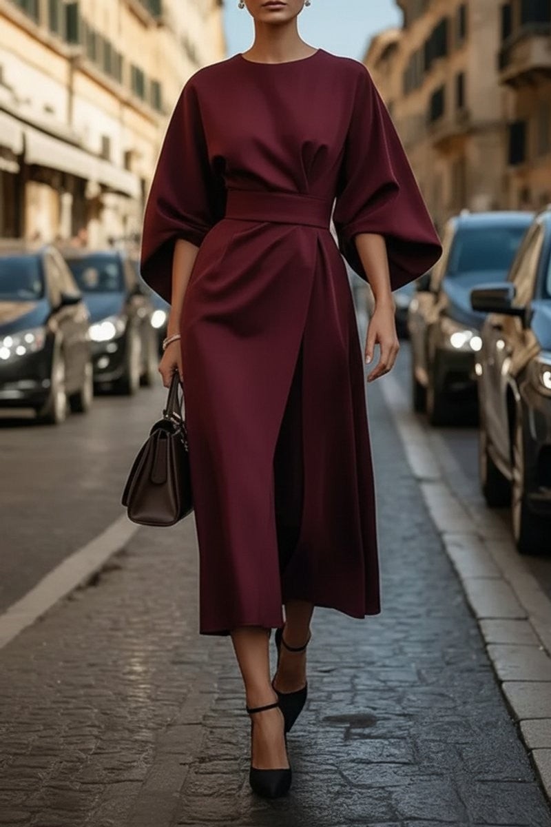 Women's Draped Cape-Sleeve Belted Autumn Wedding Guest Midi Dress – Burgundy