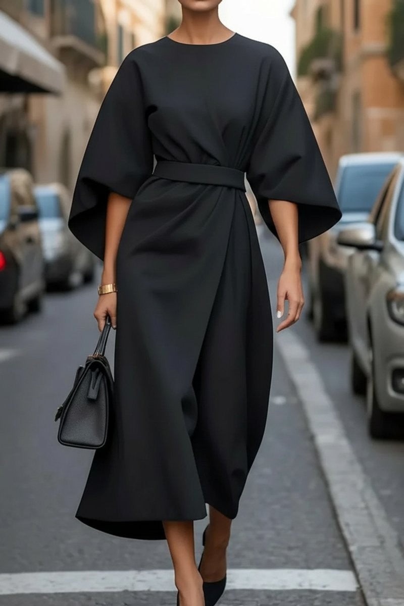 Women's Draped Cape-Sleeve Belted Autumn Wedding Guest Midi Dress