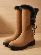 Women's Faux Fur Cuff Tall Winter Boots with Low Block Heel – Yellow