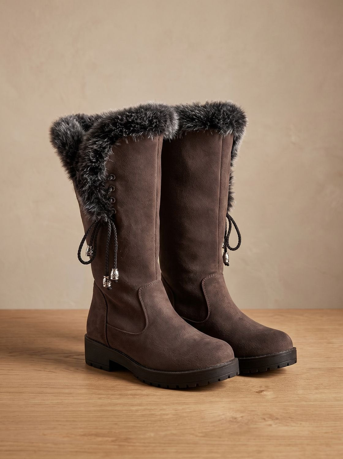 Women's Faux Fur Cuff Tall Winter Boots with Low Block Heel – Dark Brown
