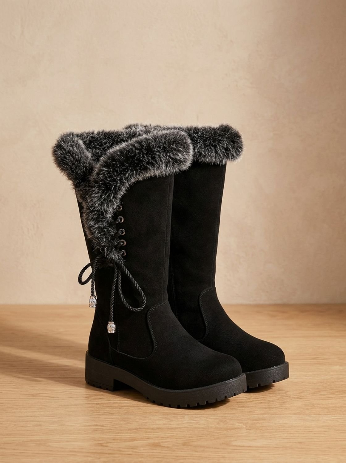 Women's Faux Fur Cuff Tall Winter Boots with Low Block Heel – Black