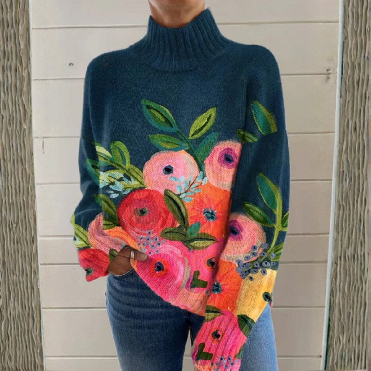 Women's Floral Relaxed-Fit Ribbed Turtleneck Jumper – Multicoloured
