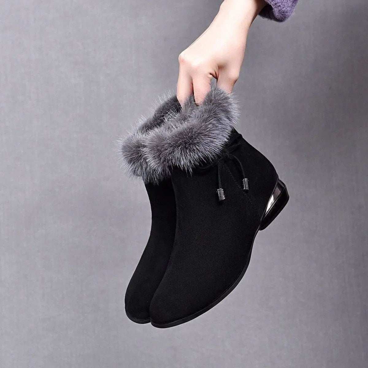 Women's Fur-Trim Drawstring Round-Toe Block-Heel Ankle Boots – Black