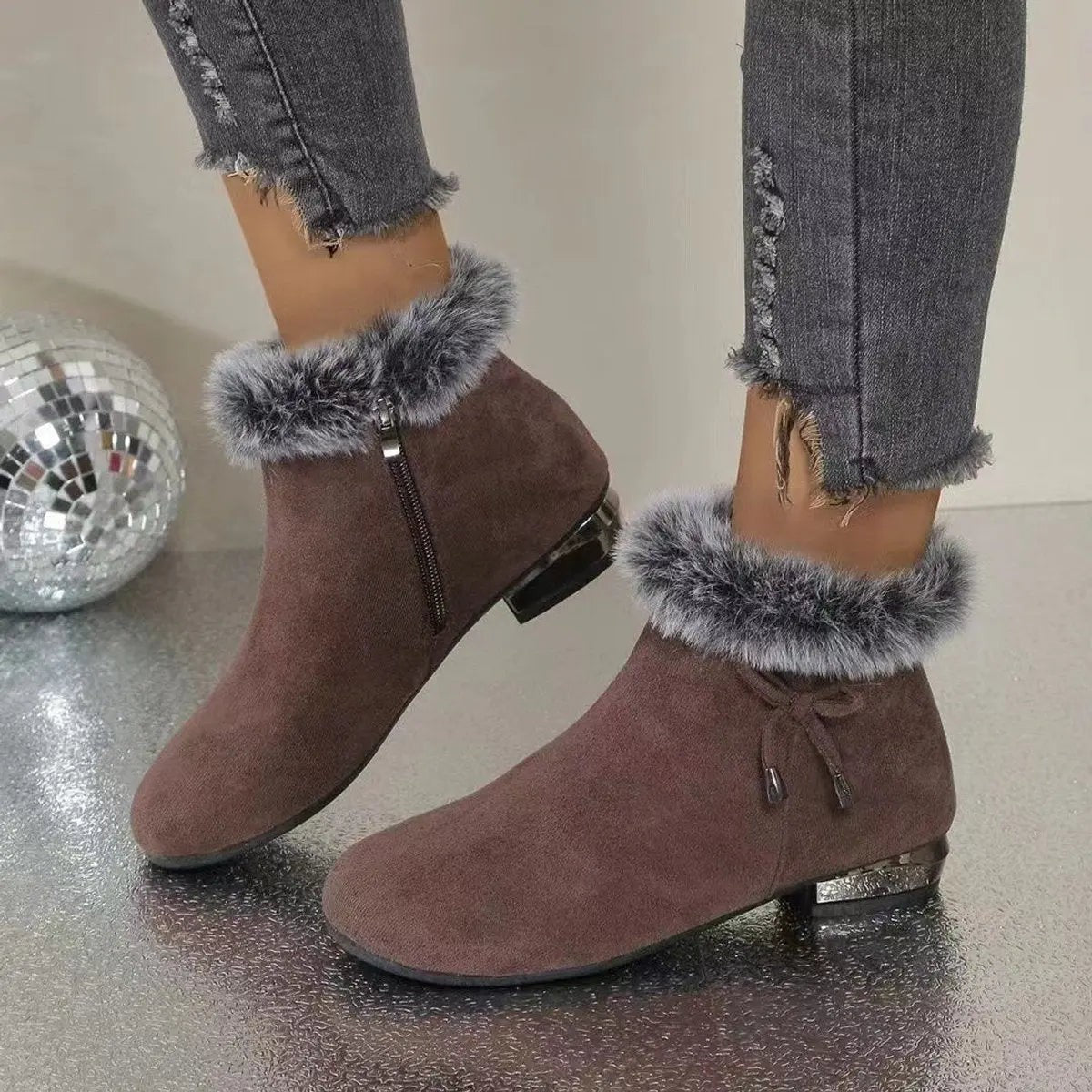 Women's Fur-Trim Drawstring Round-Toe Block-Heel Ankle Boots – Brown