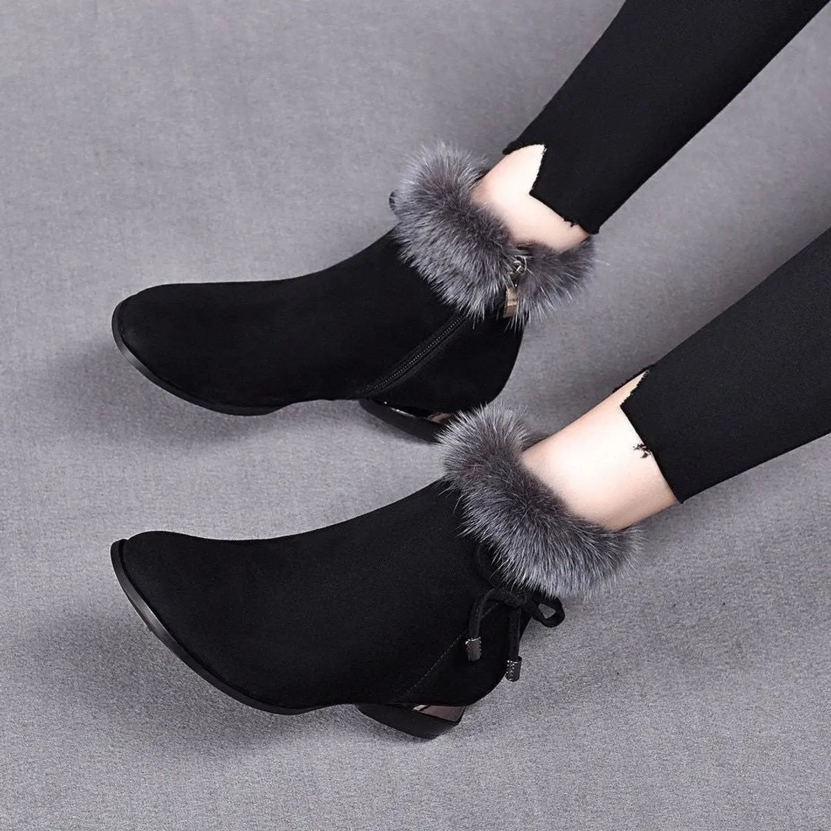 Women's Fur-Trim Drawstring Round-Toe Block-Heel Ankle Boots