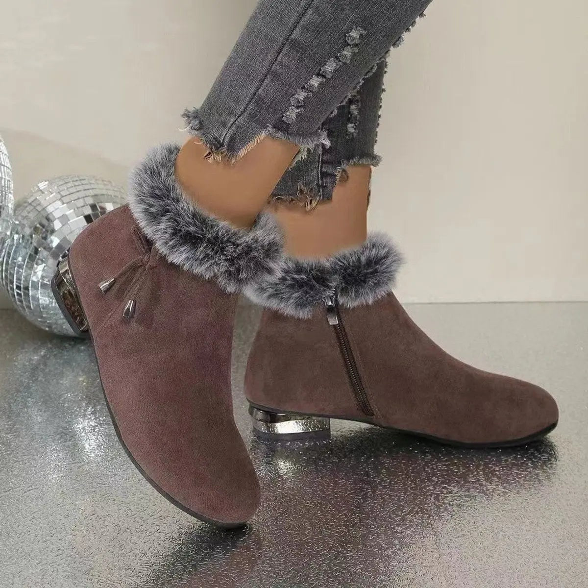 Women's Fur-Trim Drawstring Round-Toe Block-Heel Ankle Boots