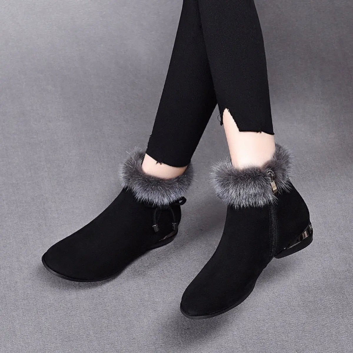Women's Fur-Trim Drawstring Round-Toe Block-Heel Ankle Boots