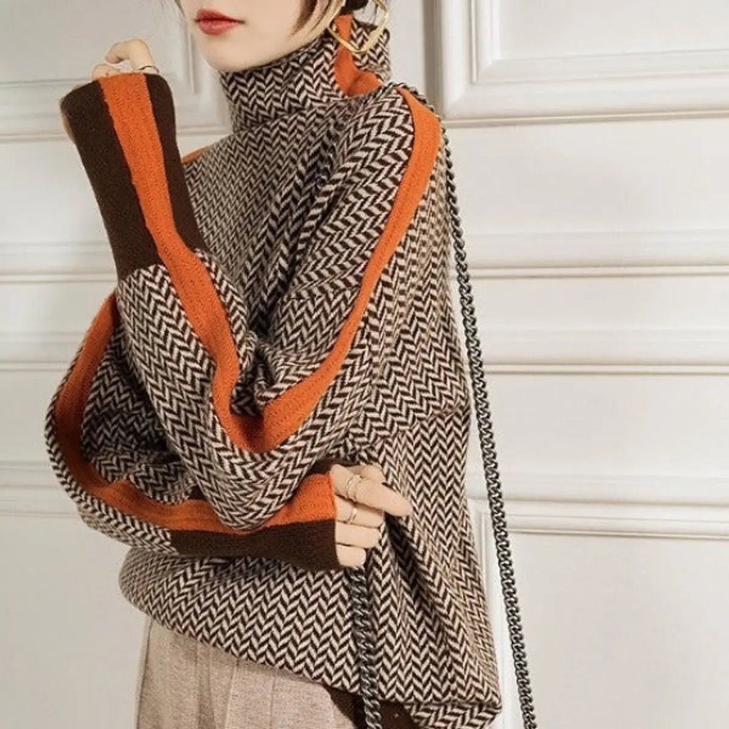 Women's Herringbone Batwing-Sleeve Contrast-Trim Turtleneck Jumper