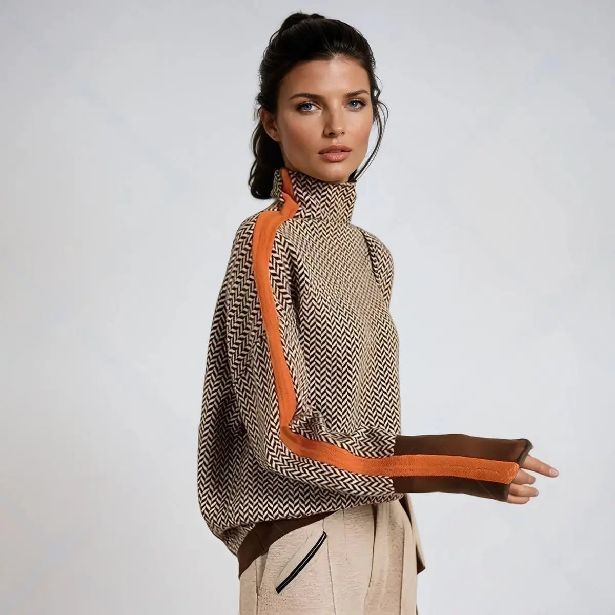 Women's Herringbone Batwing-Sleeve Contrast-Trim Turtleneck Jumper