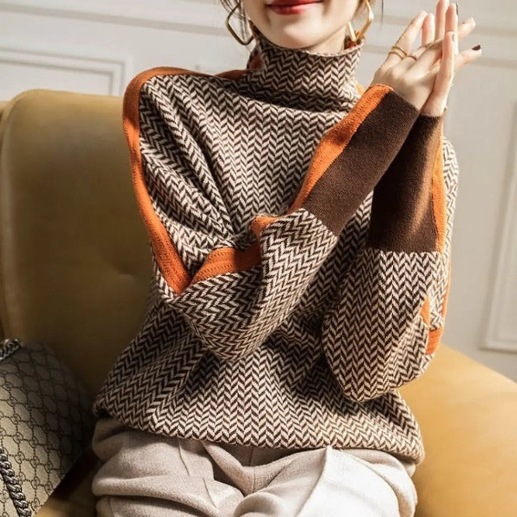 Women's Herringbone Batwing-Sleeve Contrast-Trim Turtleneck Jumper