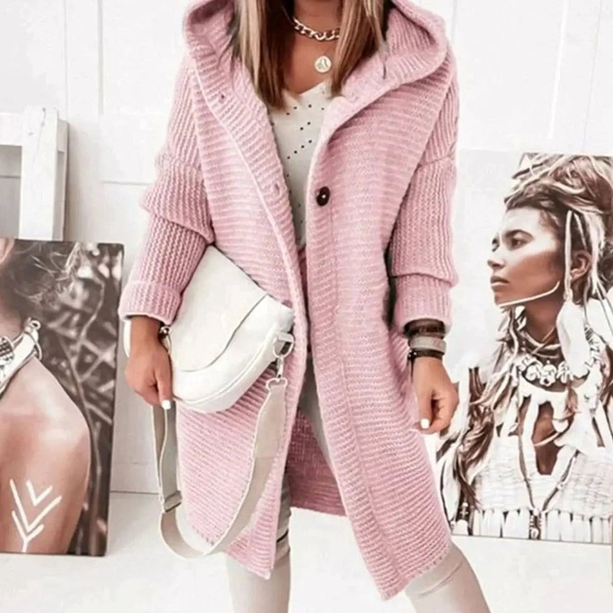 Women's Hooded Relaxed-Fit Longline Button-Front Knit Cardigan – Pink