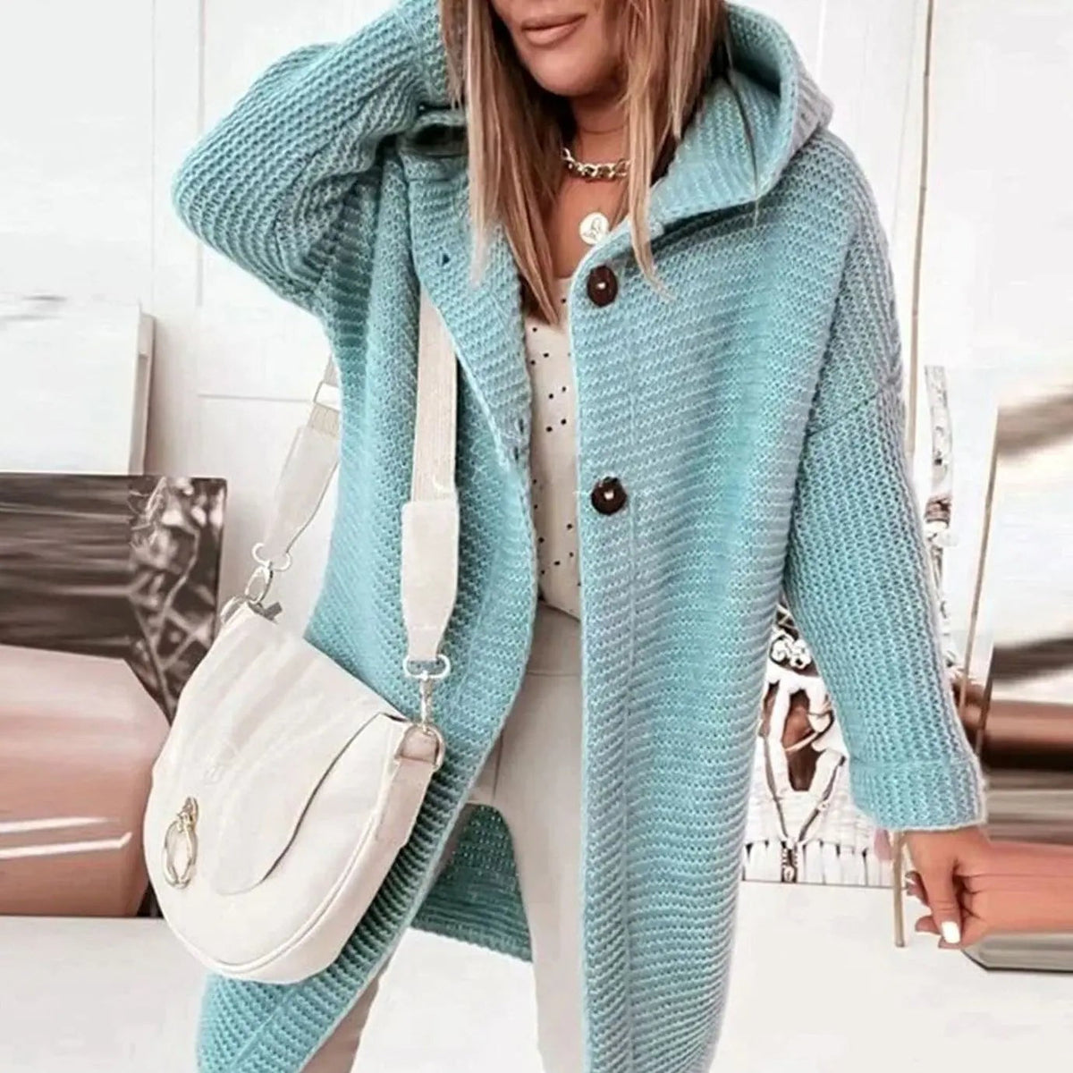 Women's Hooded Relaxed-Fit Longline Button-Front Knit Cardigan – Light Blue
