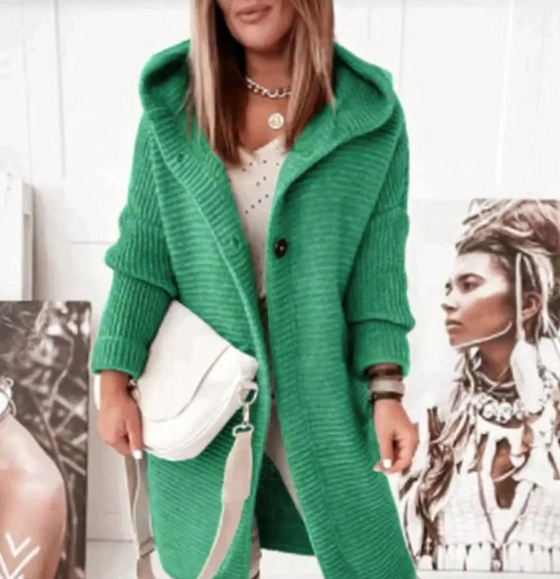 Women's Hooded Relaxed-Fit Longline Button-Front Knit Cardigan – Green