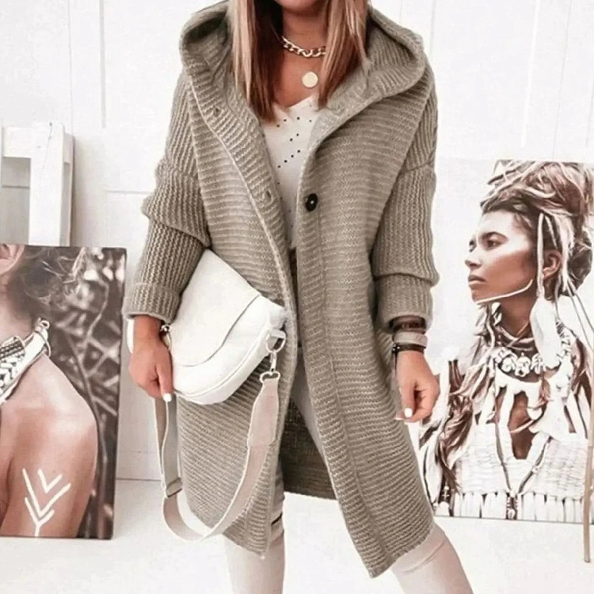Women's Hooded Relaxed-Fit Longline Button-Front Knit Cardigan – Light Brown