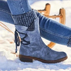 Women's Knit-Cuff Lace-Back Studded Round-Toe Mid-Calf Winter Boots – Blue