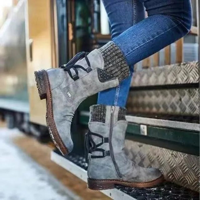 Women's Knit-Cuff Lace-Back Studded Round-Toe Mid-Calf Winter Boots – Grey