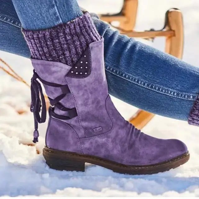 Women's Knit-Cuff Lace-Back Studded Round-Toe Mid-Calf Winter Boots – Purple