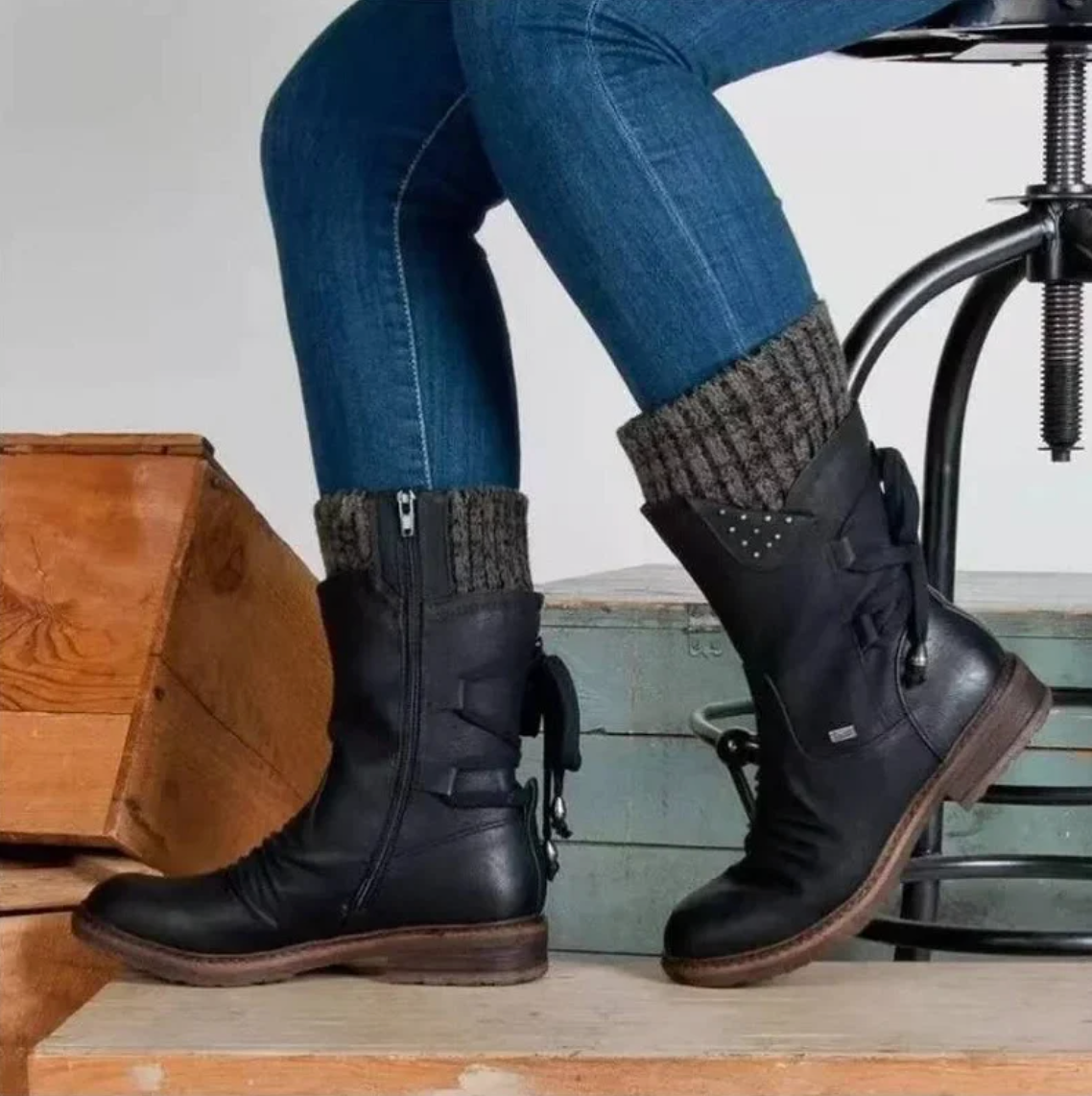 Women's Knit-Cuff Lace-Back Studded Round-Toe Mid-Calf Winter Boots – Black