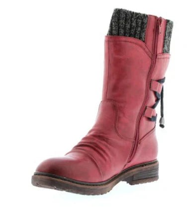 Women's Knit-Cuff Lace-Back Studded Round-Toe Mid-Calf Winter Boots – Red