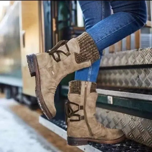 Women's Knit-Cuff Lace-Back Studded Round-Toe Mid-Calf Winter Boots