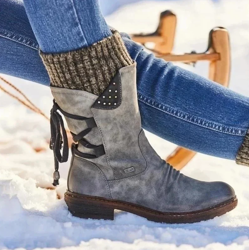 Women's Knit-Cuff Lace-Back Studded Round-Toe Mid-Calf Winter Boots