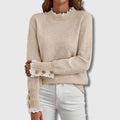 Women's Lace-Trim Button-Cuff Relaxed-Fit Knit Jumper – Apricot