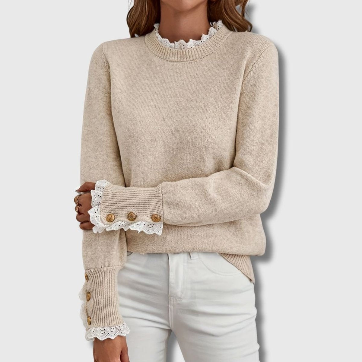 Women's Lace-Trim Button-Cuff Relaxed-Fit Knit Jumper – Apricot