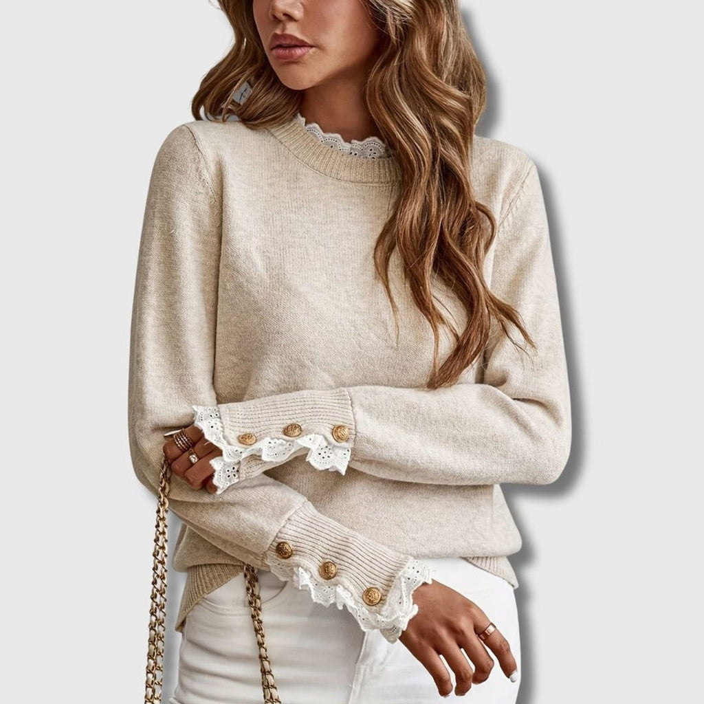 Women's Lace-Trim Button-Cuff Relaxed-Fit Knit Jumper