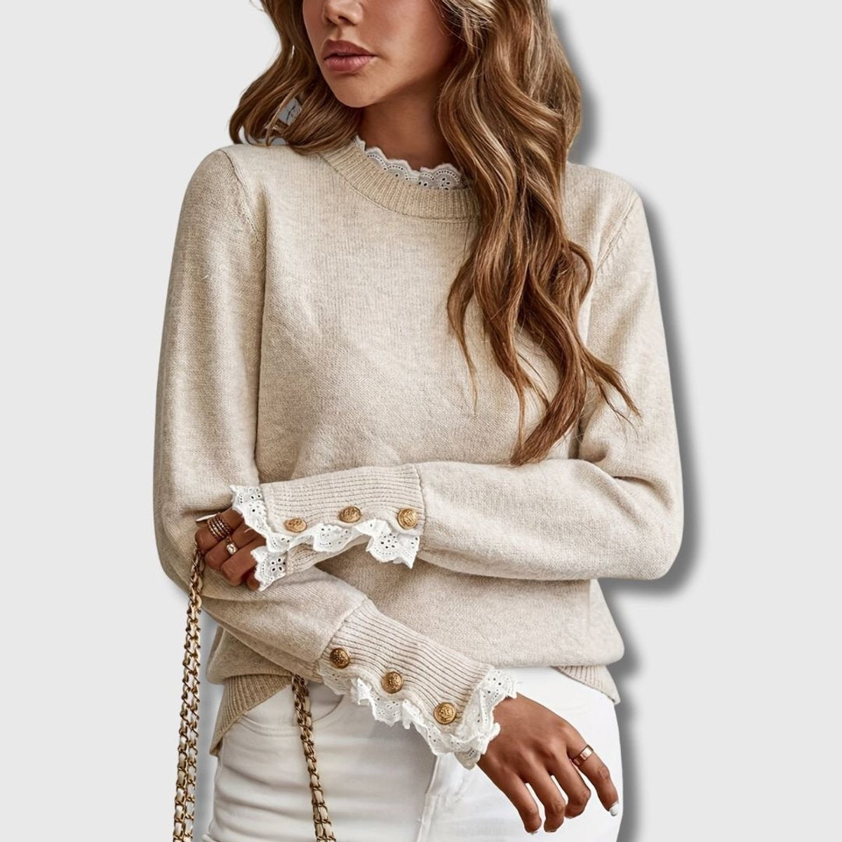 Women's Lace-Trim Button-Cuff Relaxed-Fit Knit Jumper