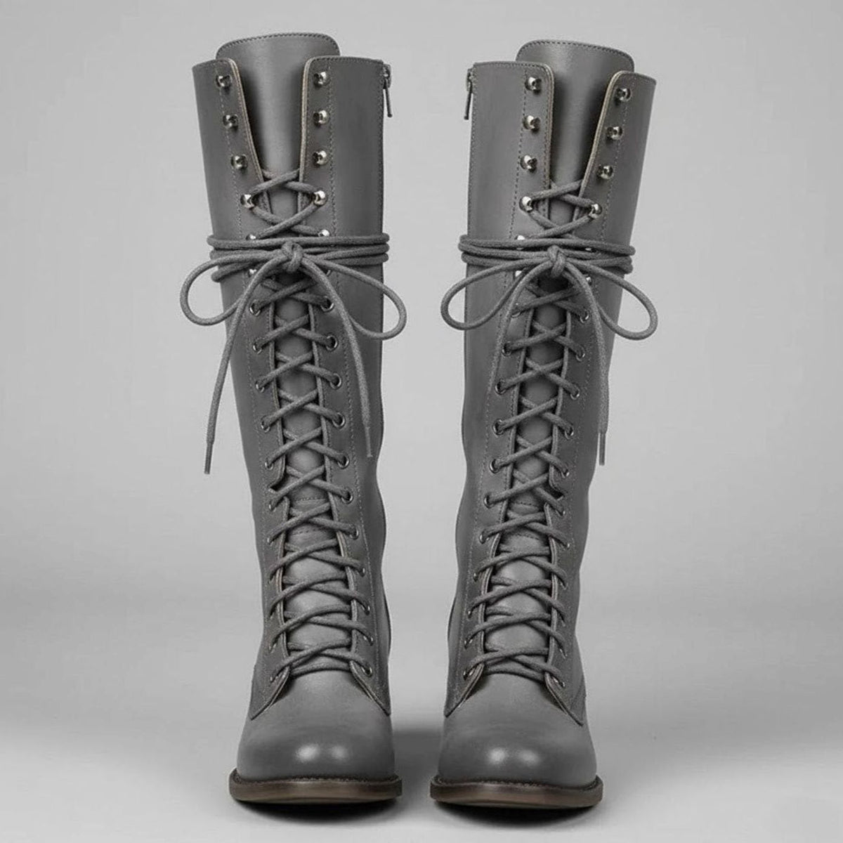 Women's Studded Knee-High Lace-Up Boots with Block Heel – Grey