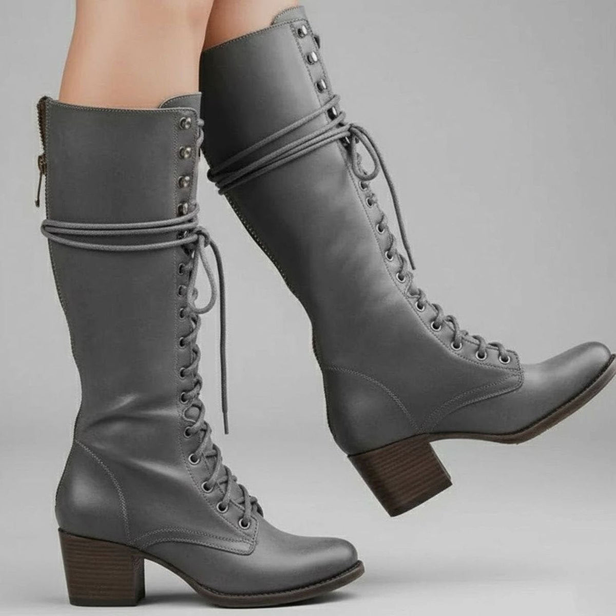Women's Studded Knee-High Lace-Up Boots with Block Heel