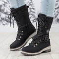 Women's Lace-Up Knit-Cuff Buckle-Strap Mid-Calf Snow Boots – Black