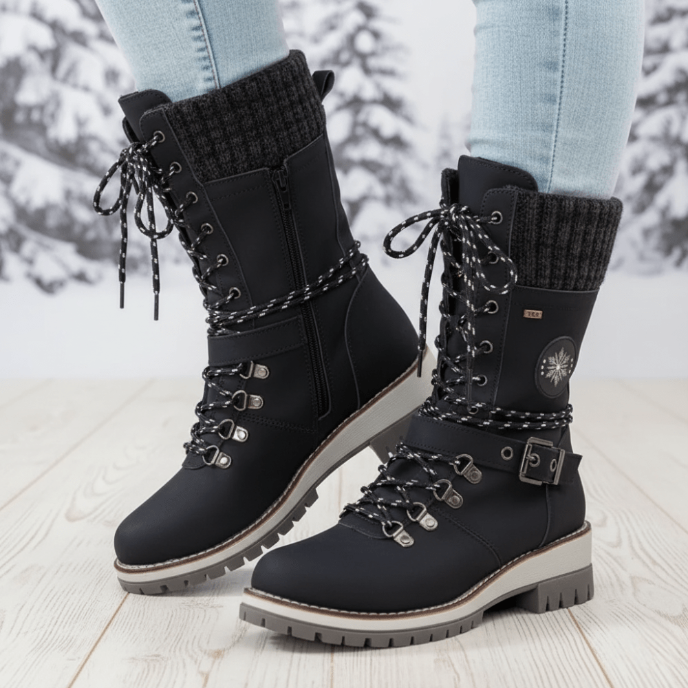 Women's Lace-Up Knit-Cuff Buckle-Strap Mid-Calf Snow Boots – Black