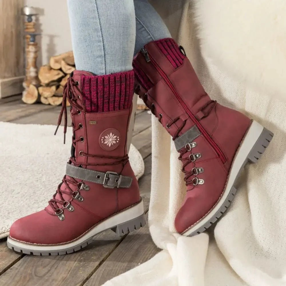 Women's Lace-Up Knit-Cuff Buckle-Strap Mid-Calf Snow Boots – Red