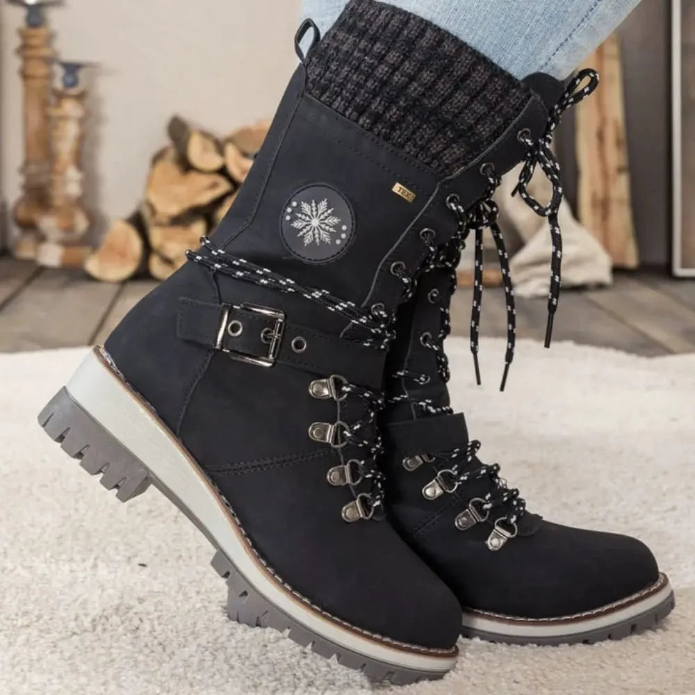 Women's Lace-Up Knit-Cuff Buckle-Strap Mid-Calf Snow Boots