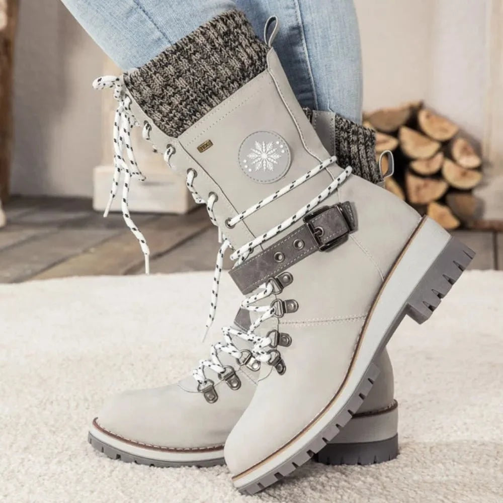 Women's Lace-Up Knit-Cuff Buckle-Strap Mid-Calf Snow Boots – Light Grey