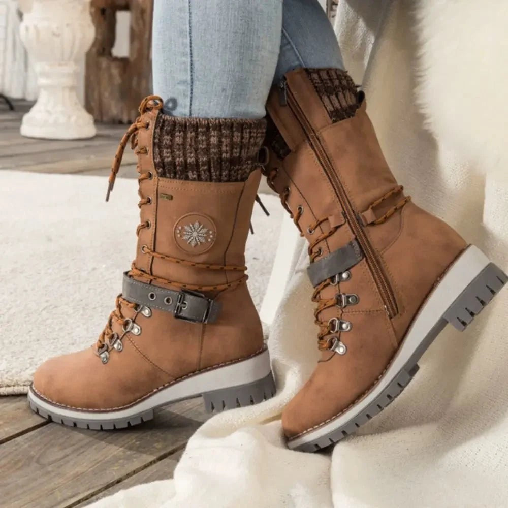 Women's Lace-Up Knit-Cuff Buckle-Strap Mid-Calf Snow Boots – Brown