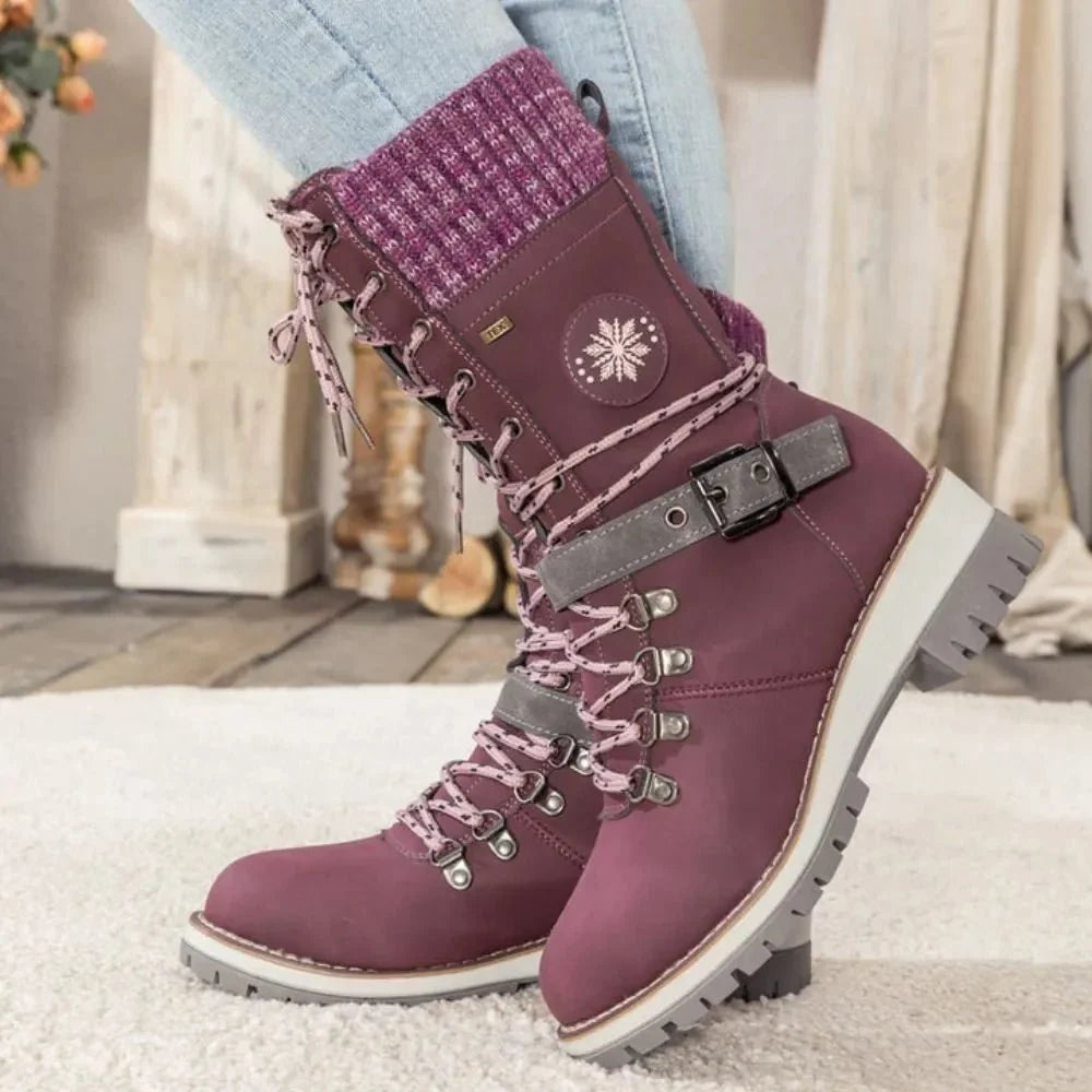 Women's Lace-Up Knit-Cuff Buckle-Strap Mid-Calf Snow Boots – Purple
