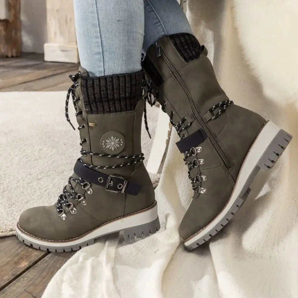 Women's Lace-Up Knit-Cuff Buckle-Strap Mid-Calf Snow Boots – Green
