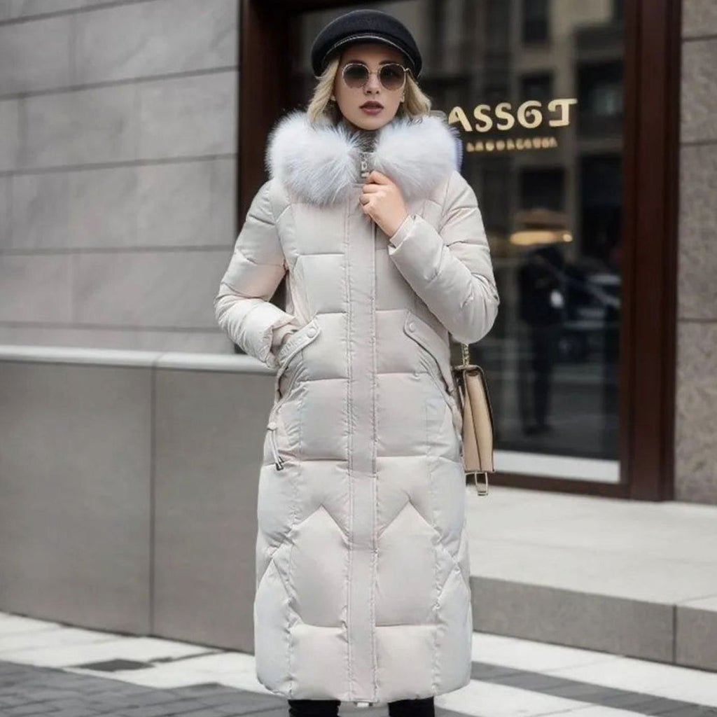 Women's Knee-Length Quilted Puffer Coat with Faux Fur Hood Trim – White