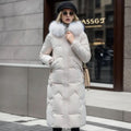 Women's Knee-Length Quilted Puffer Coat with Faux Fur Hood Trim – White