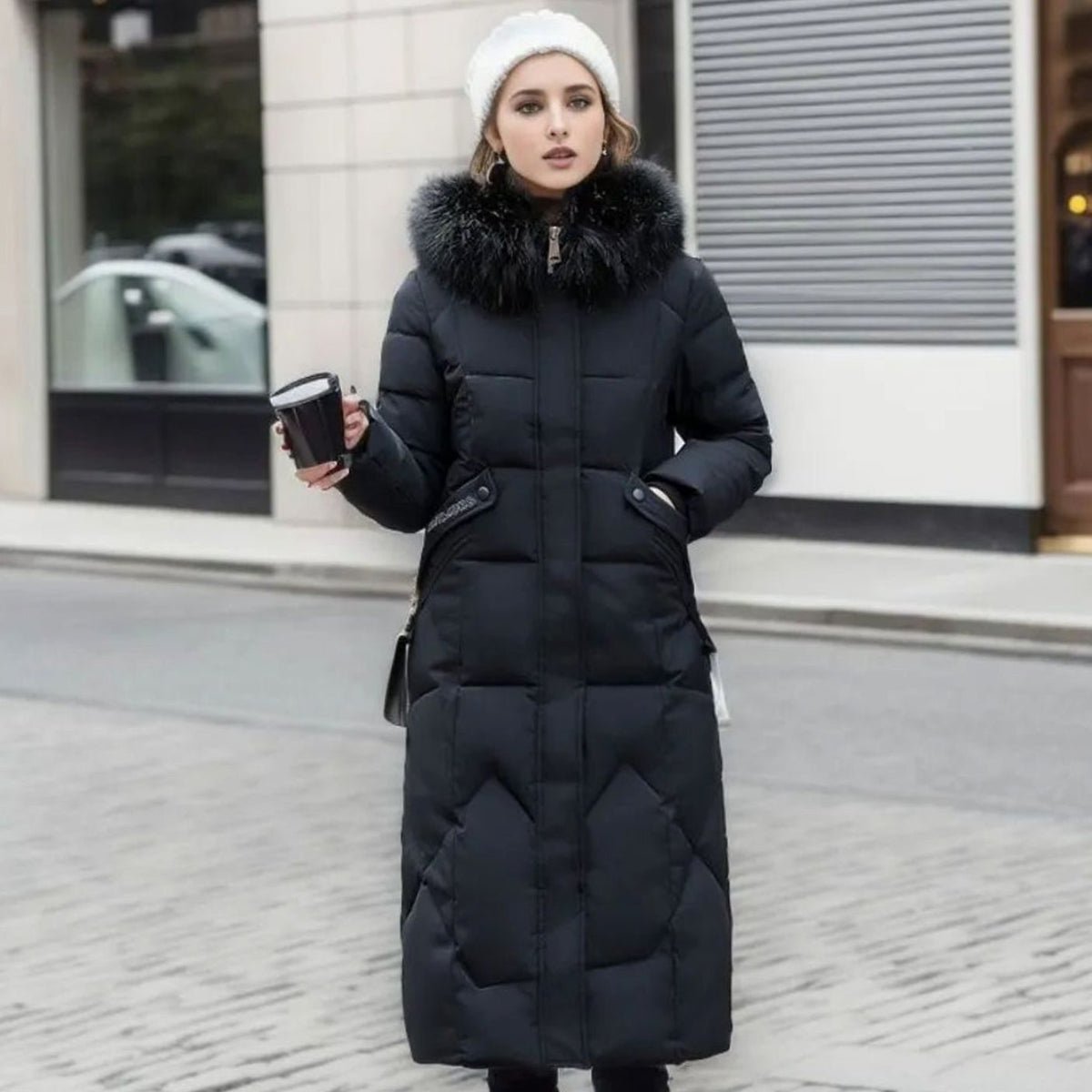 Women's Knee-Length Quilted Puffer Coat with Faux Fur Hood Trim – Black