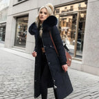 Women's Knee-Length Quilted Puffer Coat with Faux Fur Hood Trim