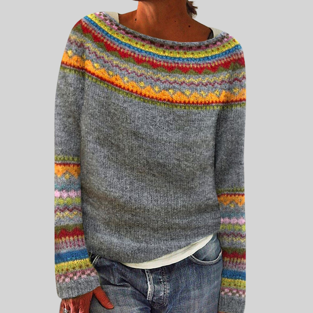 Women's Nordic Fair Isle Boat-Neck Relaxed-Fit Knit Jumper – Grey/Rainbow