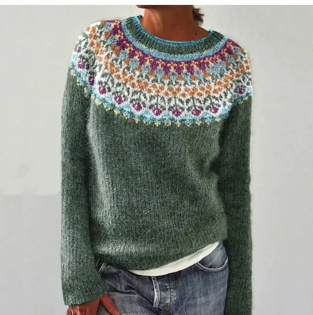 Women's Nordic Fair Isle Boat-Neck Relaxed-Fit Knit Jumper – Green