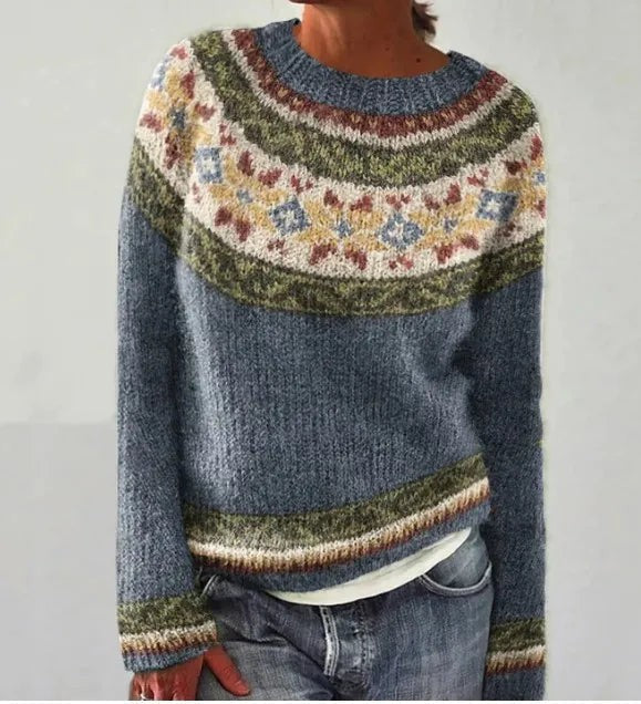 Women's Nordic Fair Isle Boat-Neck Relaxed-Fit Knit Jumper – Grey Floral