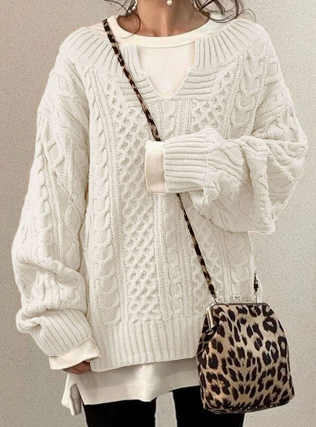 Women's Chunky Cable-Knit Jumper with Layered V-Neck – White